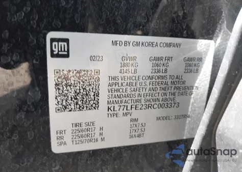 2024 Chevrolet Trax Fwd Sp z USA, uszkodzony, nr VIN KL77LFE23RC003373